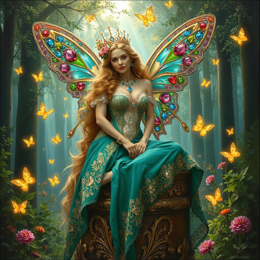 Ethereal Fairy Queen in Lush Forest, Oil Painting