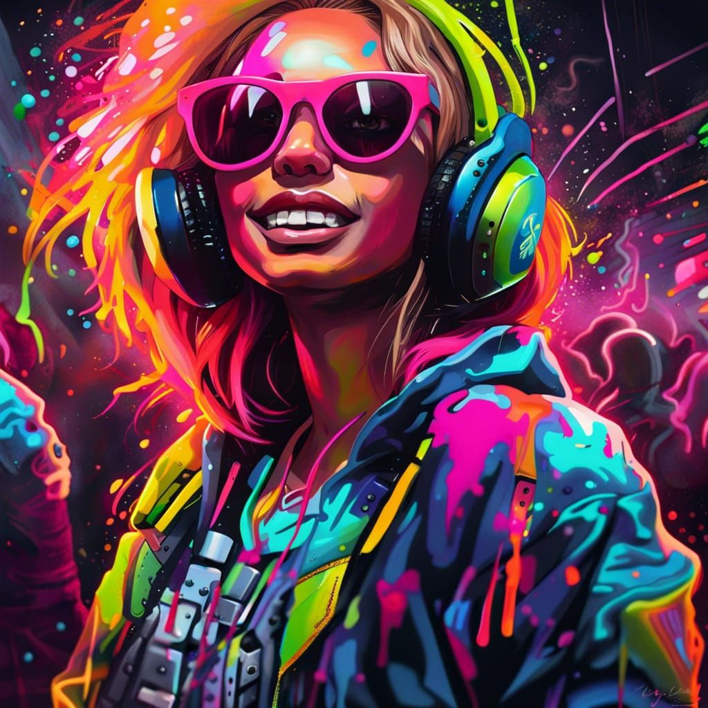 Neon Rave Girl in Graffiti Splash Art Style