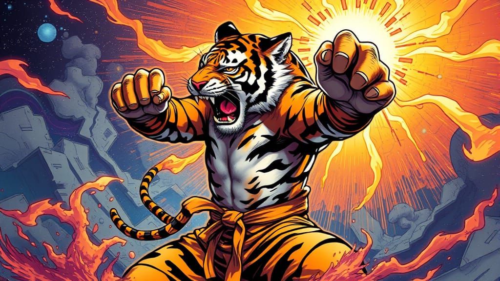 Roaring Tiger in Karate Stance, Comic Book Art