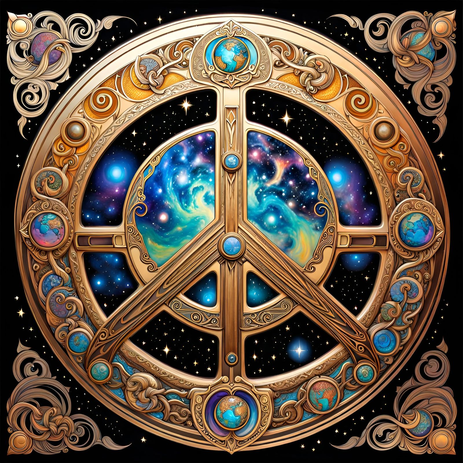 Cosmic Peace Sign Inspired by Alphonse Mucha