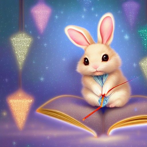 Chibi Rabbit Reading with Needles, Art Nouveau Style