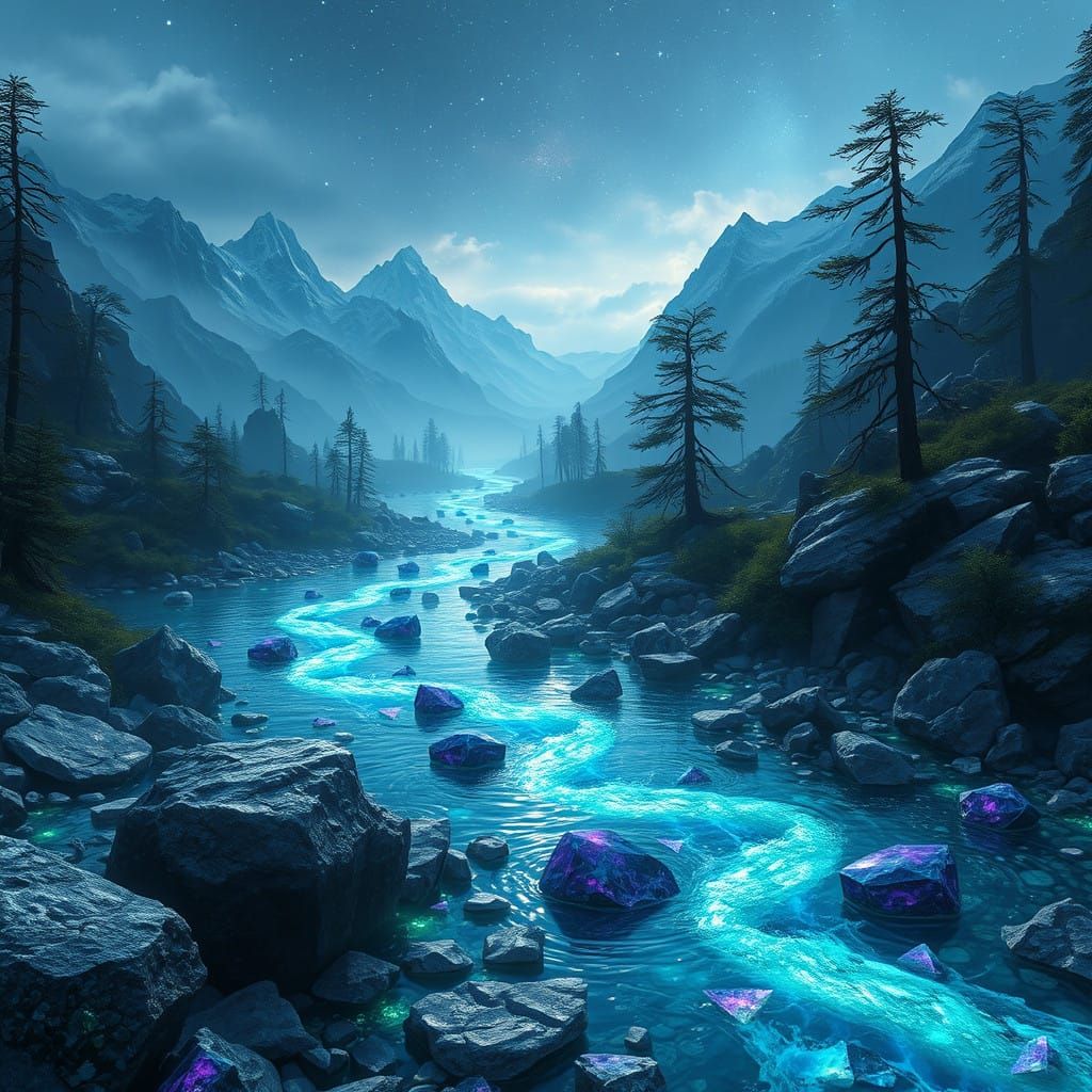 Serpentine River of Sapphires and Emeralds in a Mystical Rea...