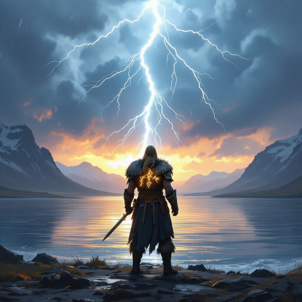 Viking Warrior Faces Colossal Lightning Strike in Digital Pa...