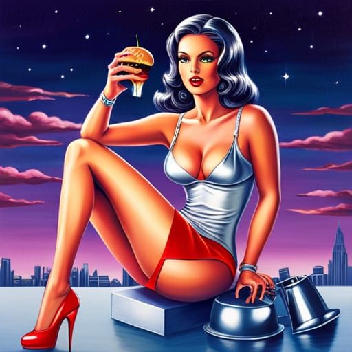 Martian Woman Eats Cheeseburger in Lisa Frank Style