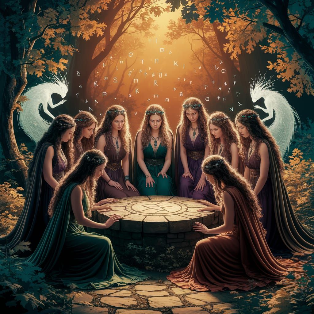 Druidesses Coven Ritual in Primeval Forest, Dark Fantasy