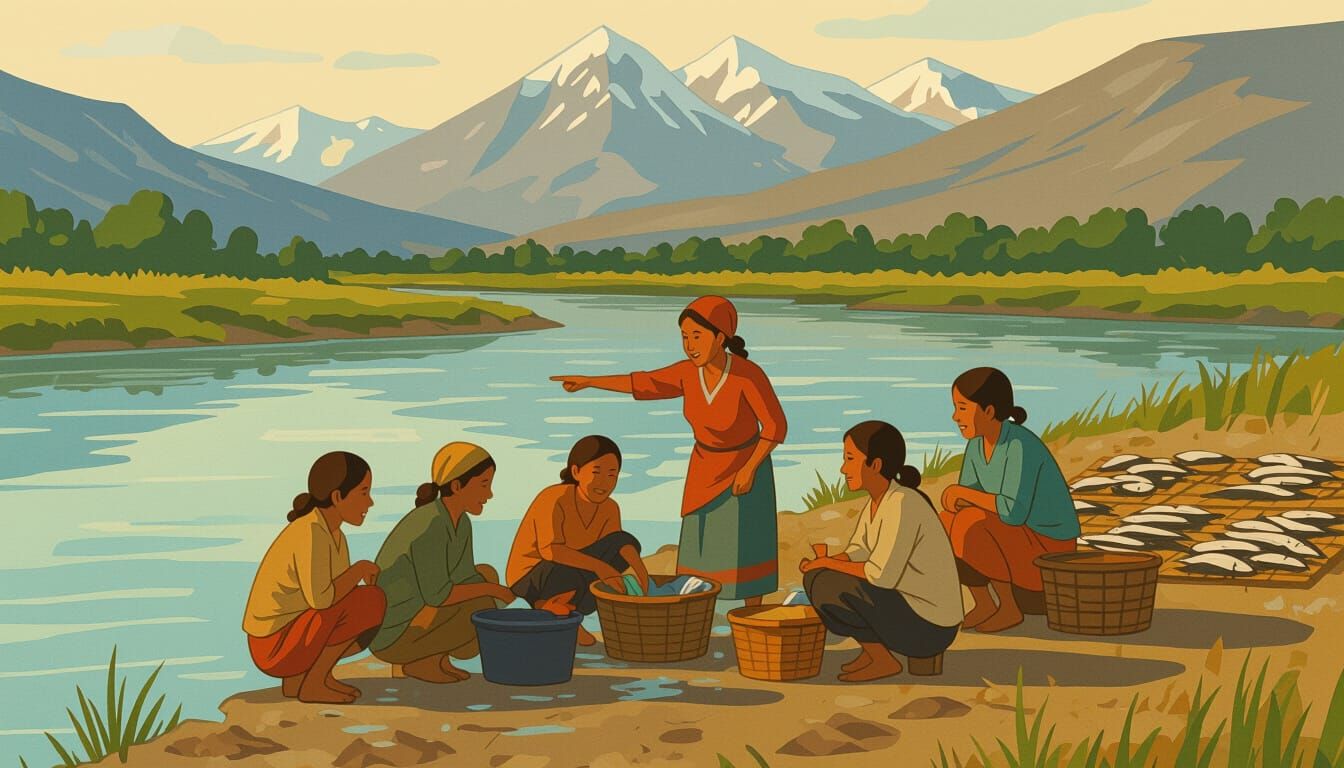 Women Washing Clothes by Riverbank in Northern Light