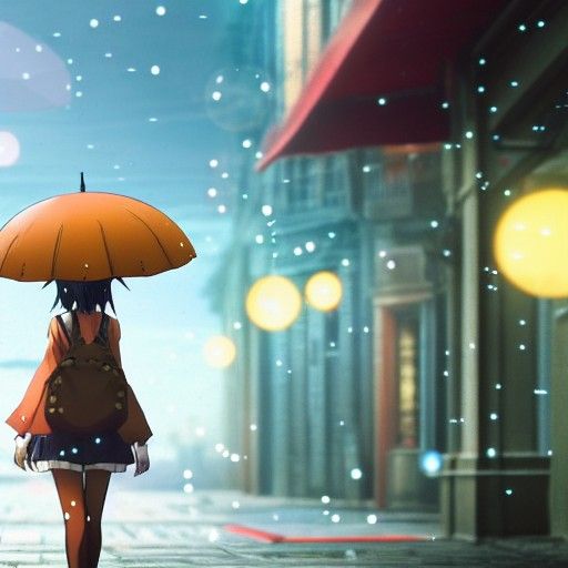 Anime Steampunk Cityscape with Girl in Rain