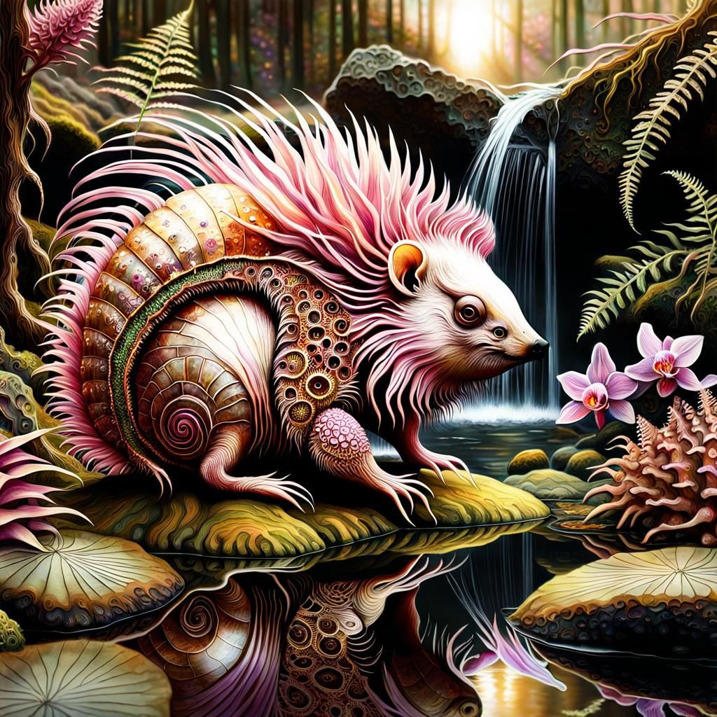 Mother and Baby Porcupines in Klimt Watercolor Style