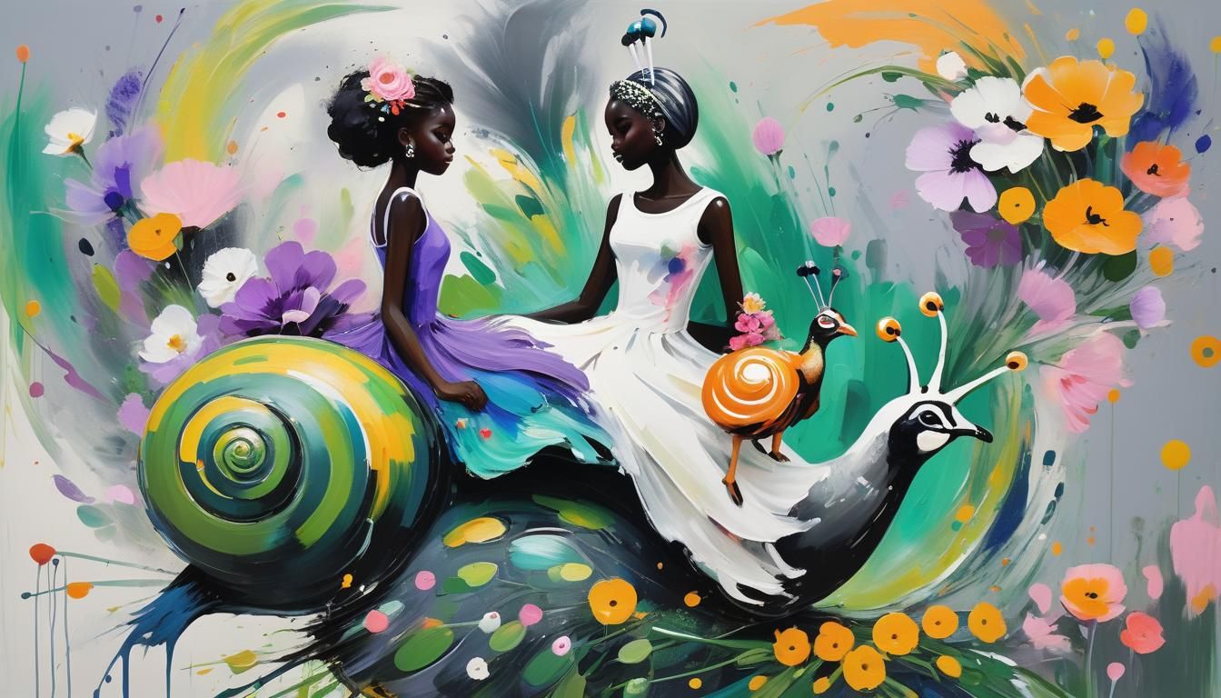 Girls Ride Snail in Abstract Expressionist Style