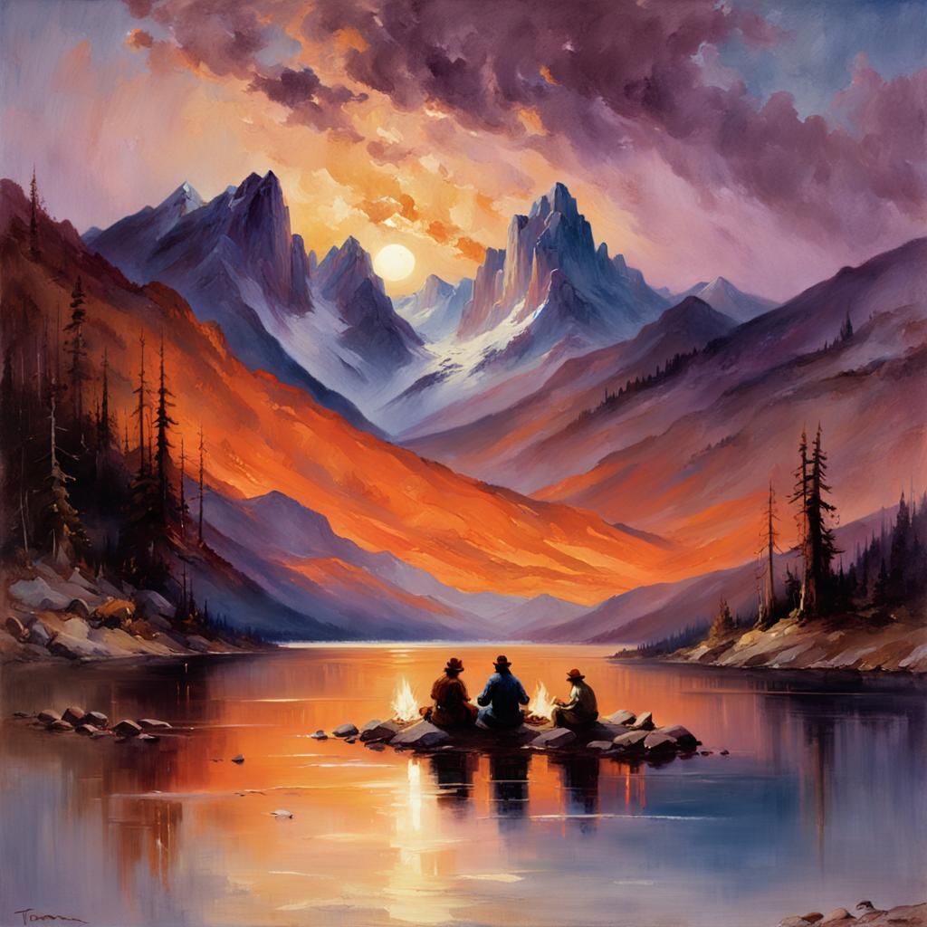 Couple Camping by Mountain Lake in Dusk, Painting