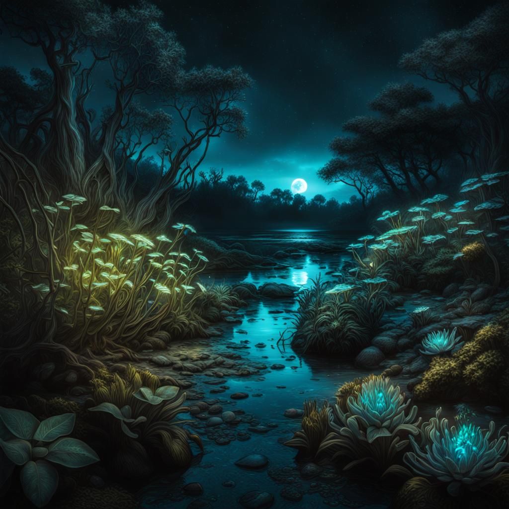 Bioluminescent Forest Path in Hyperrealistic Style