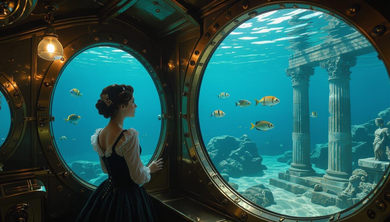 Victorian Woman in Steampunk Submarine Interior