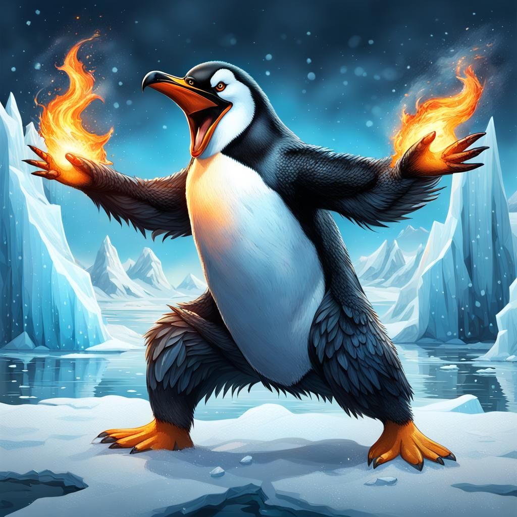 Determined Fire Penguin Battles an Angry Ice Monster