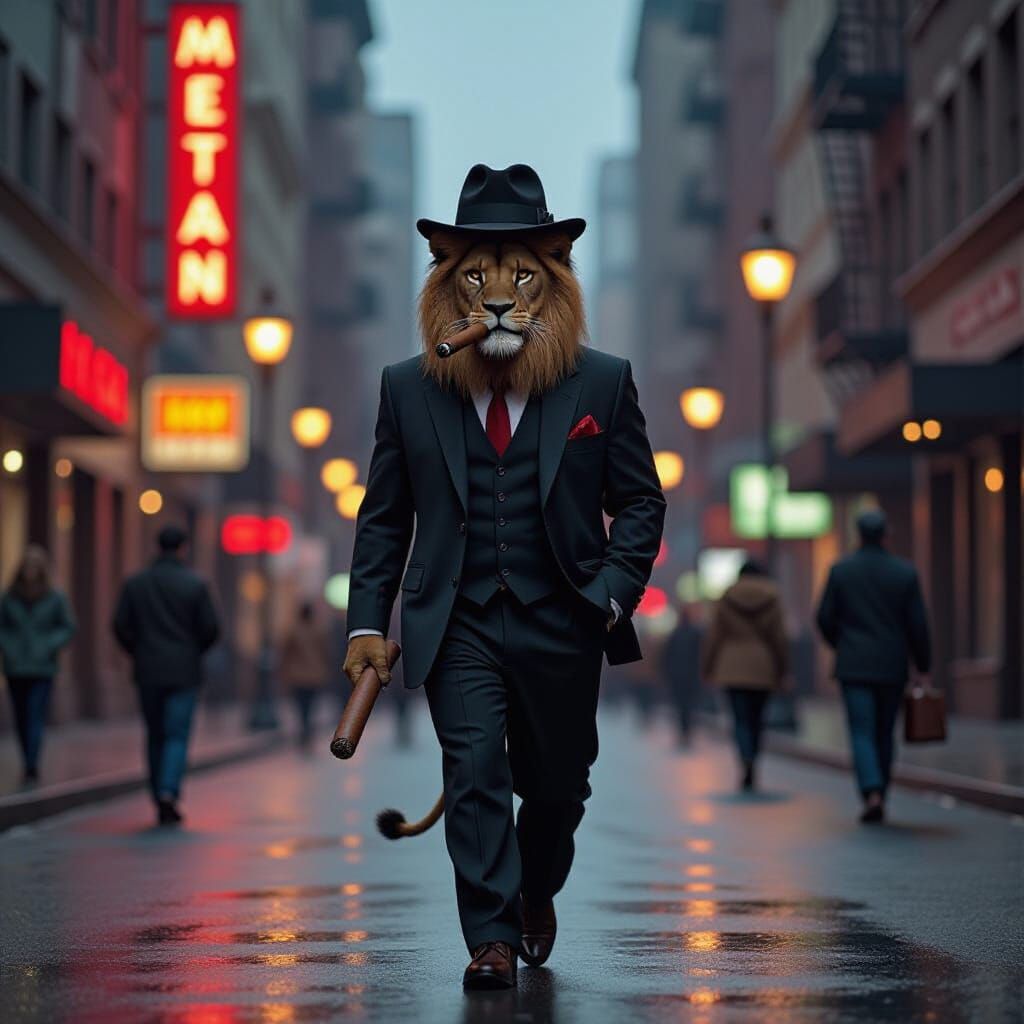 Lion in Suit Striding Through City in Film Noir Style