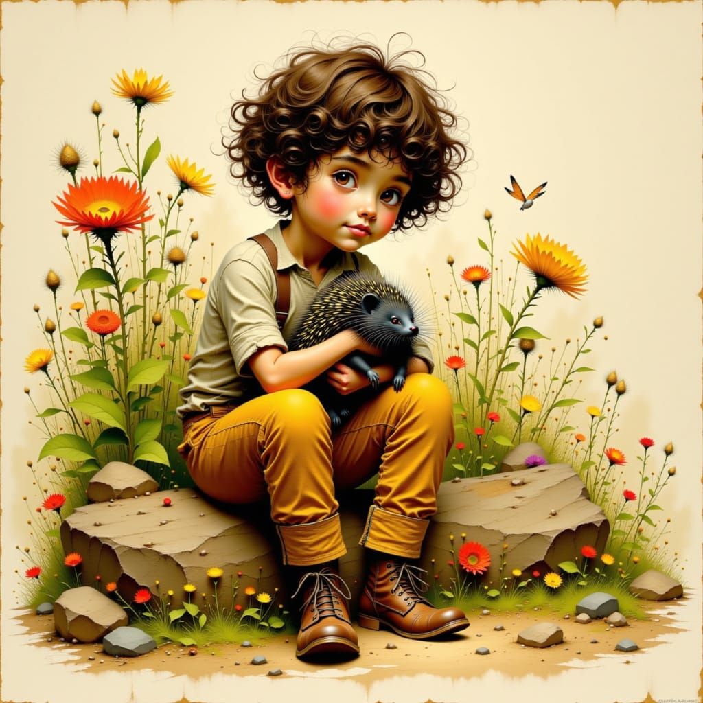 Boy Cradling Porcupine in Lush Garden