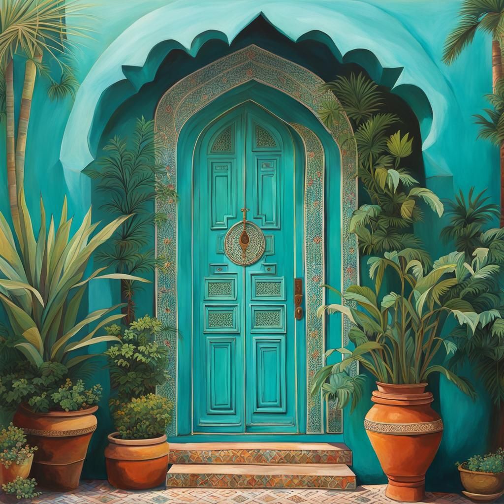 Moroccan Door with Tropical Plants in Naive Art Style