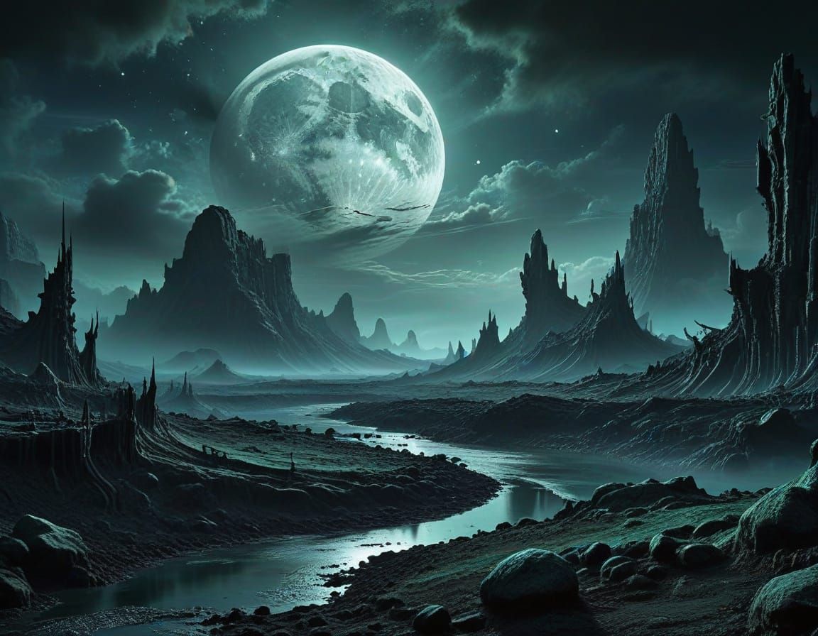 Surreal Moonlit Alien Landscape in Eerie Blue-Green Hues