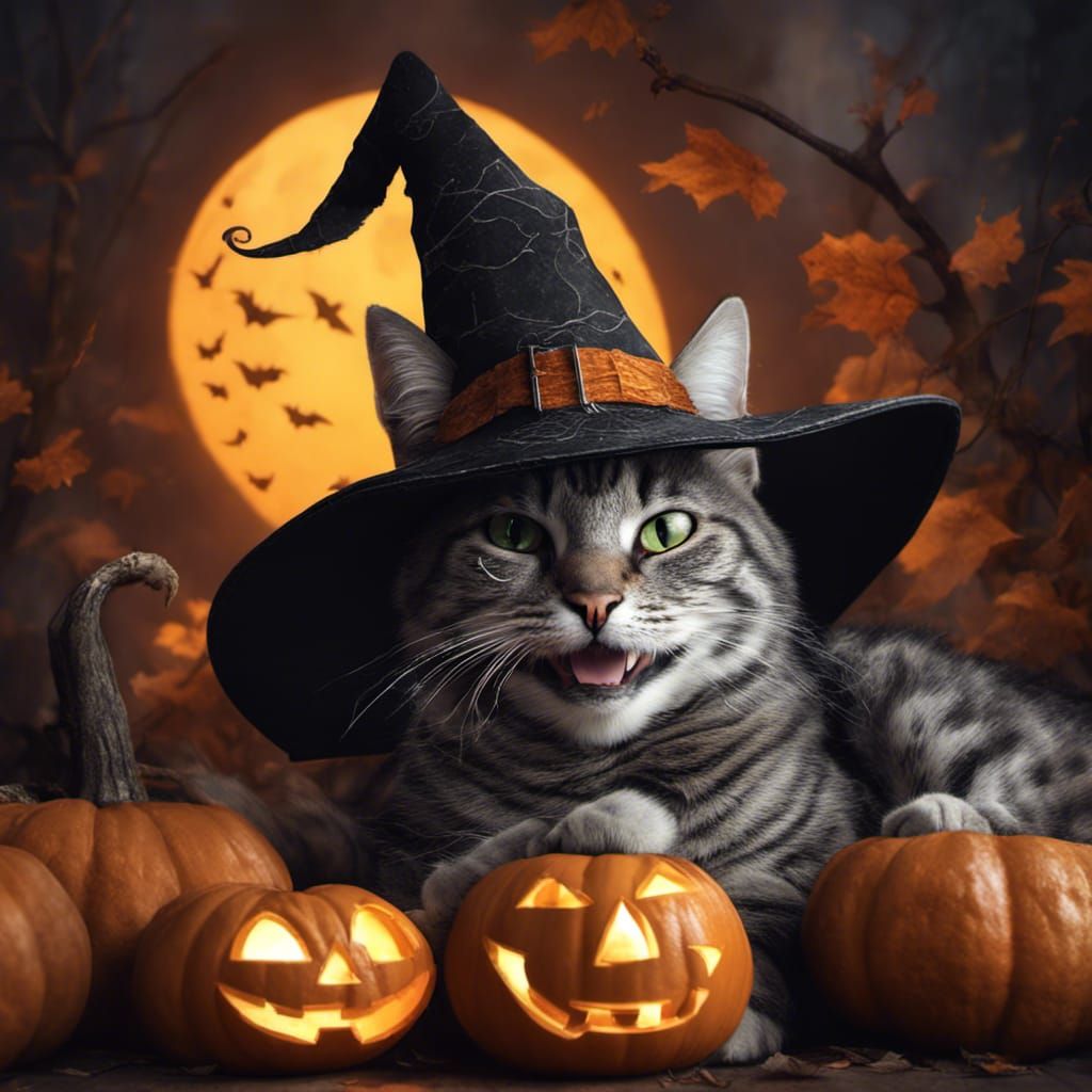 Laughing grey tabby cat at Halloween