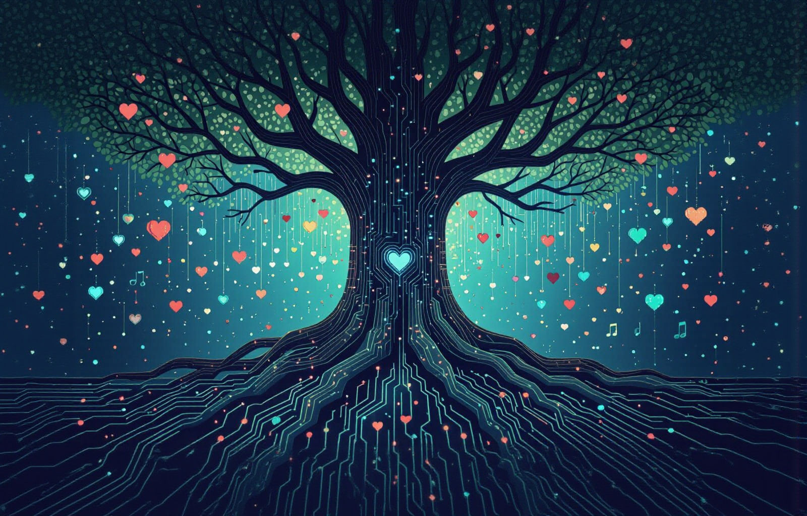 Towering Data Tree with Pixel Icons in Fractal Style