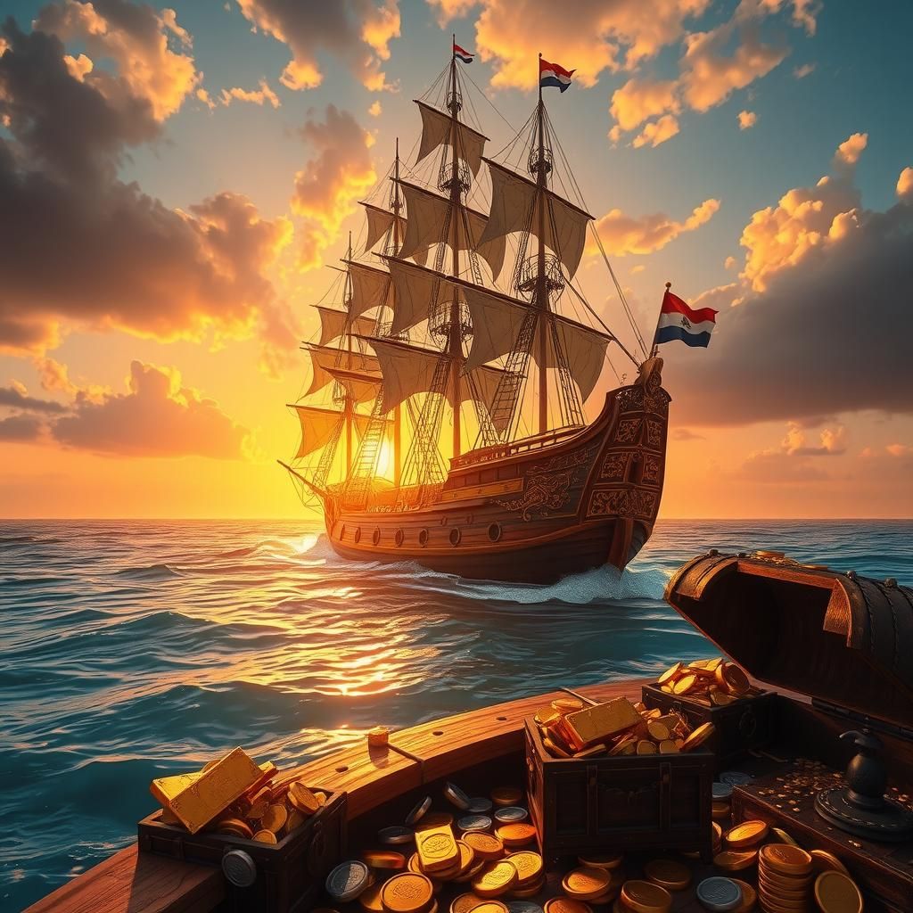 Galleon Sunset: Treasure Overflowing in Matte Painting Style