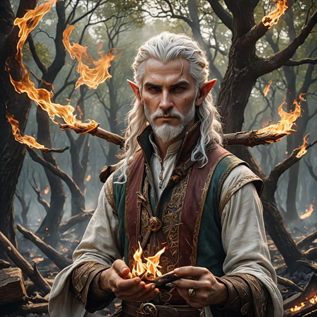 Young Elf Bard Casting Fire Spell: Matte Painting