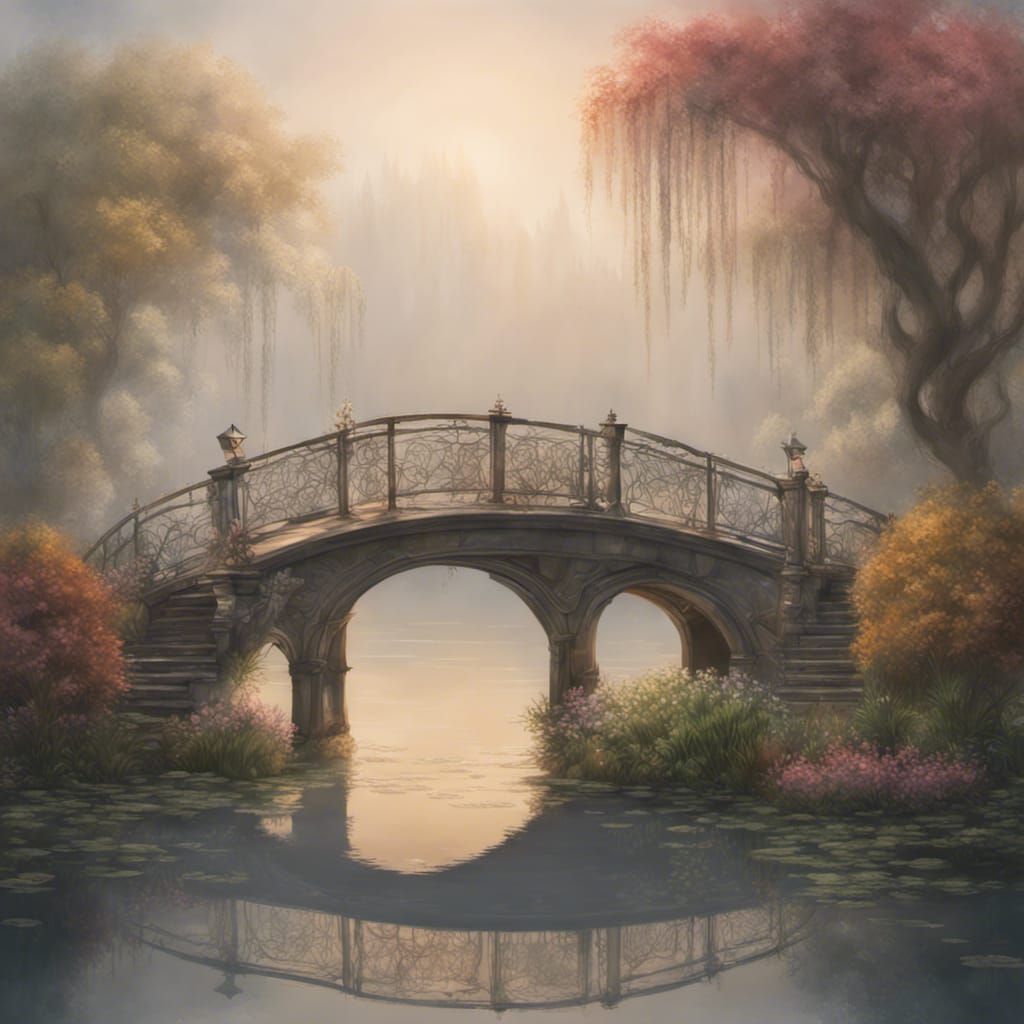 Ornate Bridge Over Foggy Pond: Hyperrealistic Splash Art