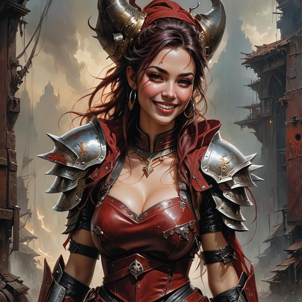 Woman in Red Armor in Post-Apocalyptic World