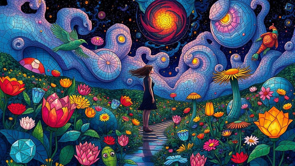 Surreal Gem Garden with Stained Glass Flora