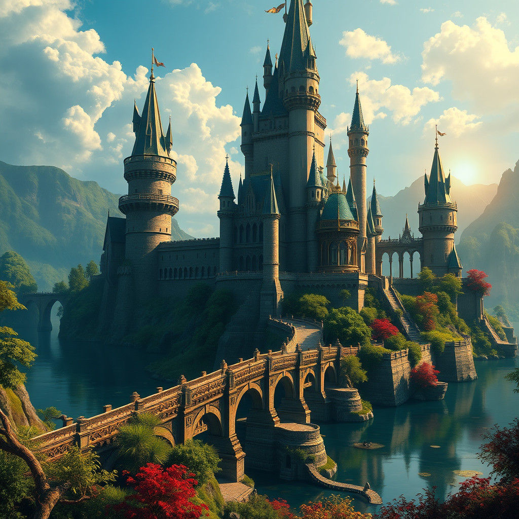 Majestic Castle with Lush Greenery in Fantasy Style