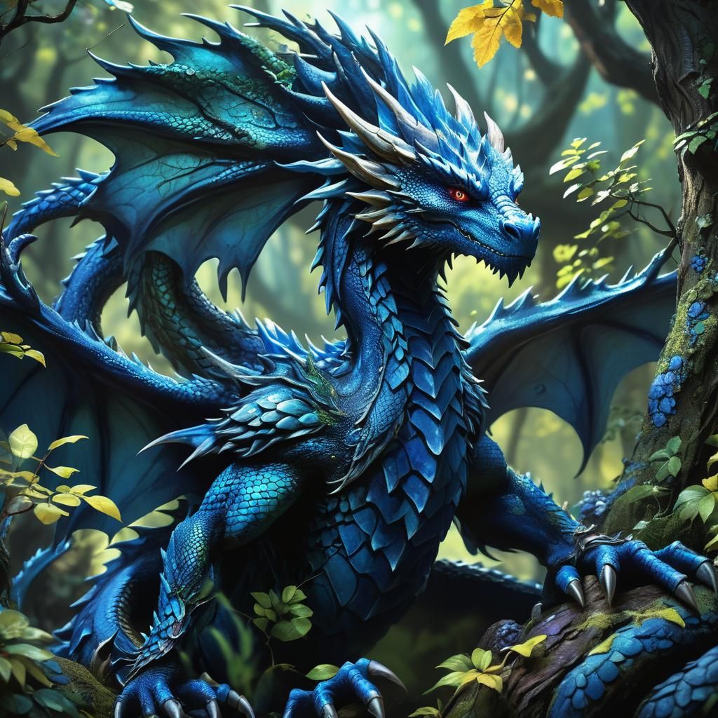 Blueberry Dragon in Mystical Forest Concept Art