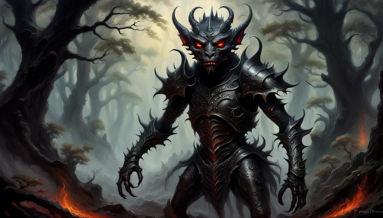 Scary Metallic Kobold Demon in Ethereal Forest