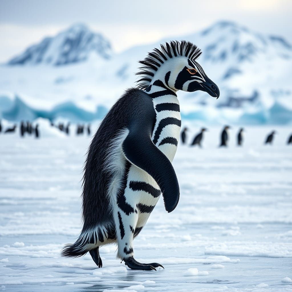 Black and White Penguin Zebra Hybrid in Antarctica Landscape