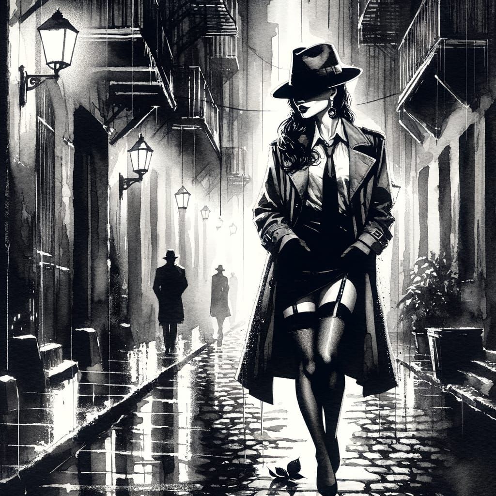 Noir Detective in Ink Wash Style with Red Rose