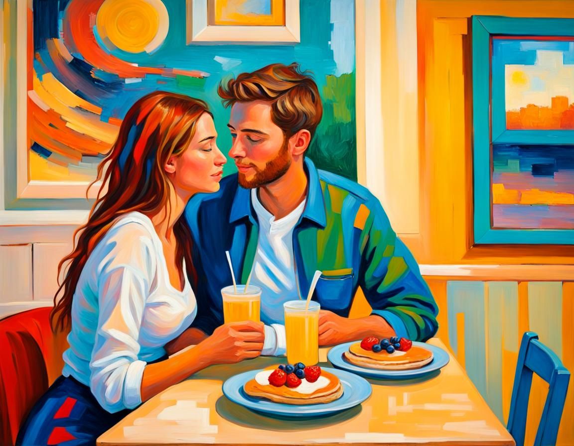 Young Couple at IHOP: Neo-Impressionist Oil Painting
