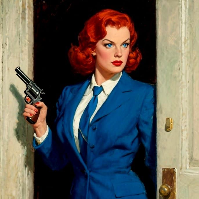 Elegant Woman with Pistol in Retro Oil Painting Style