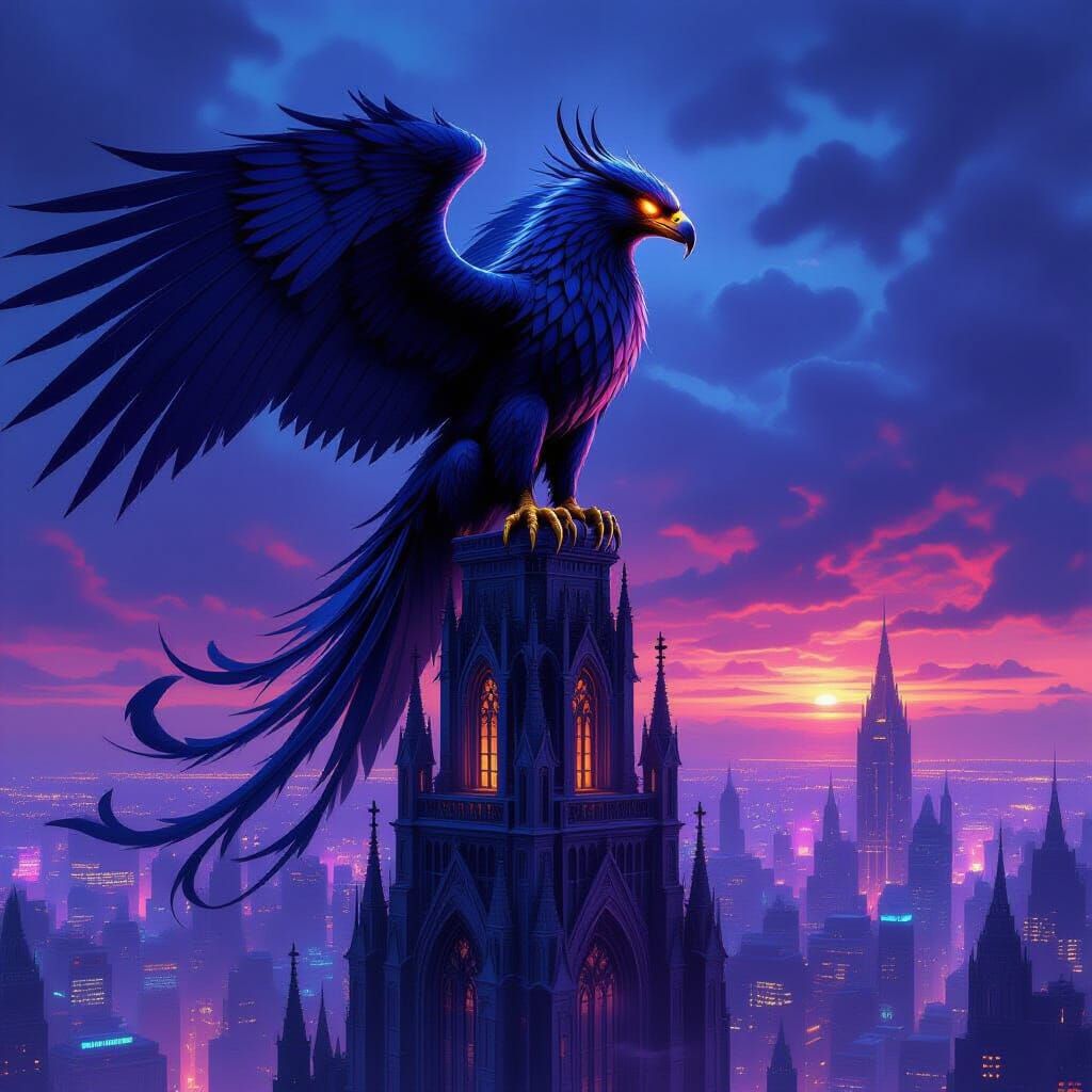 Griffin on Gothic Spire Over Futuristic City