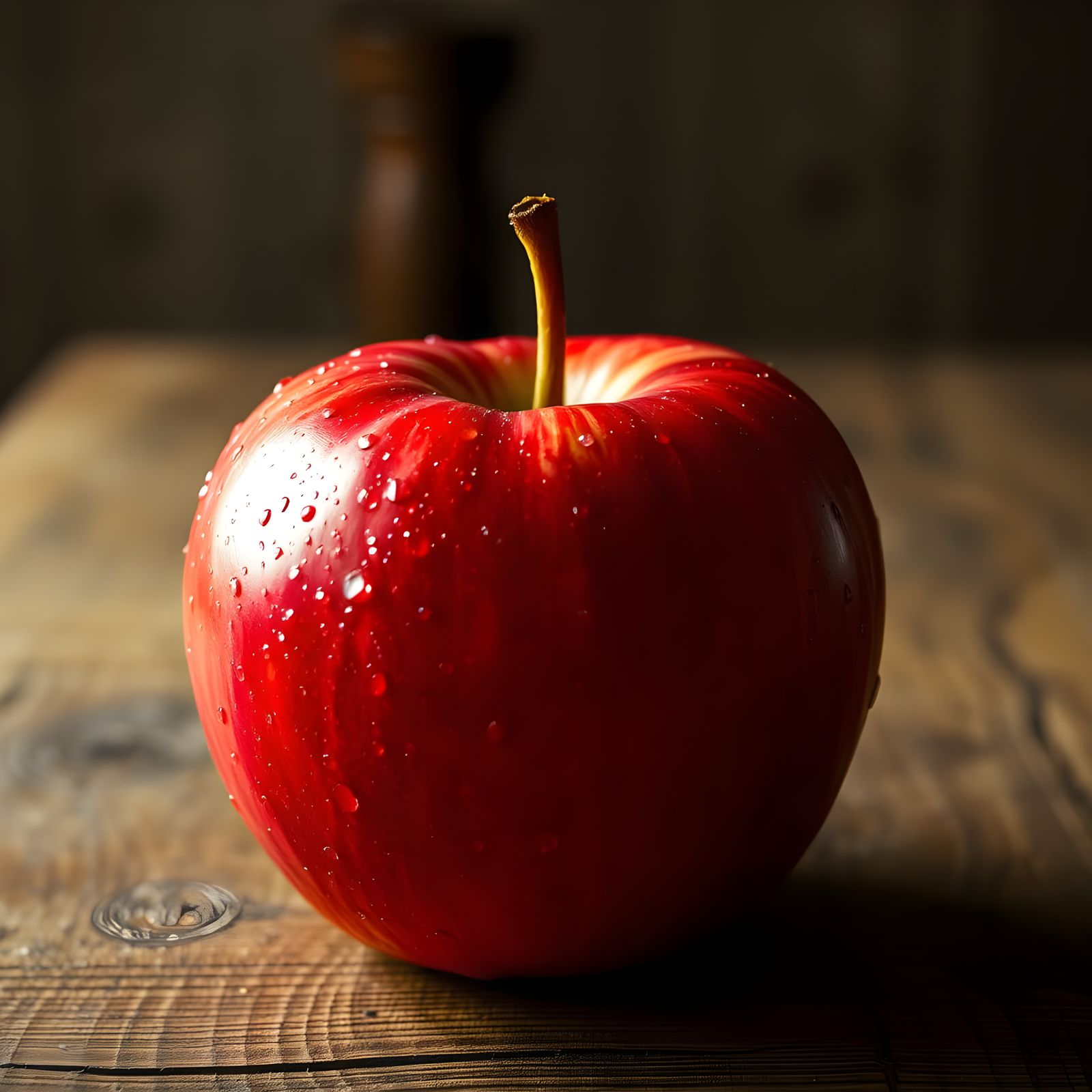 A Plump Red Apple on Rustic Wooden Table