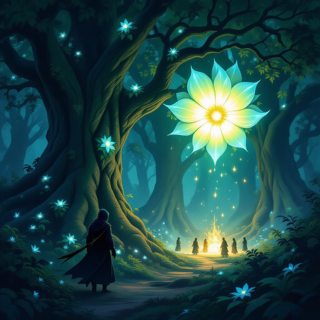 Magical Forest Ninja Observing Glowing Flower Ritual