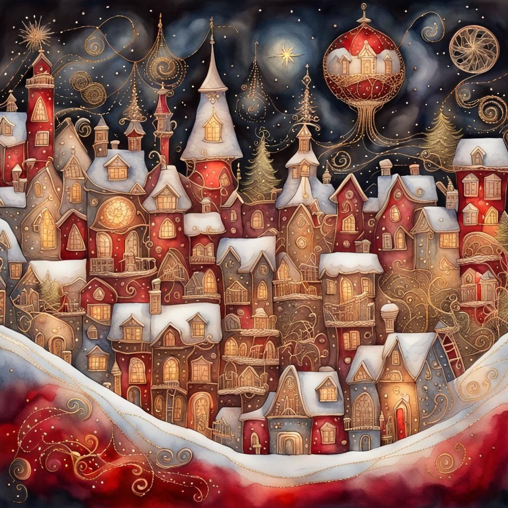 Fantastical Christmas Village in Abstract Watercolor