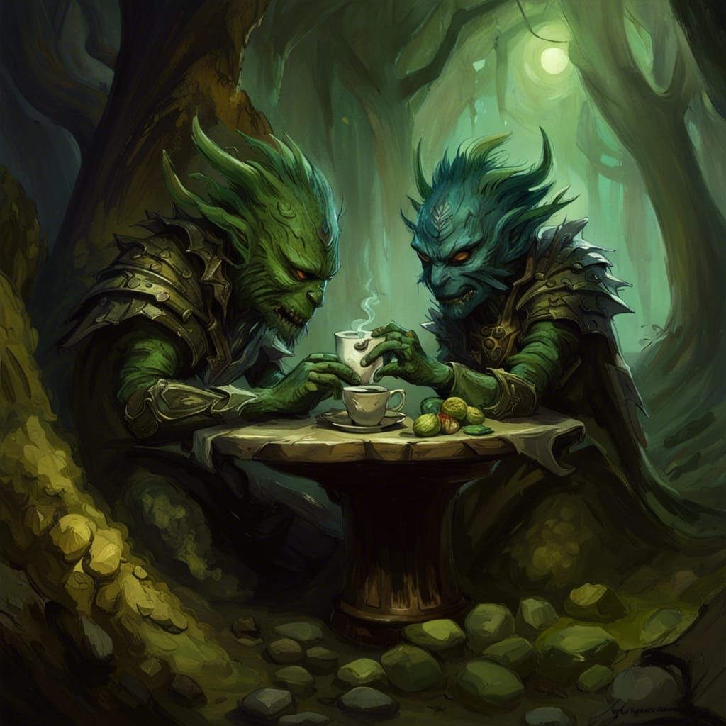 Sylvari Drinking Tea in Dark Gothic Horror Style