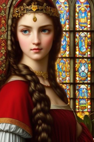 Medieval Princess Portrait with Stained Glass Background