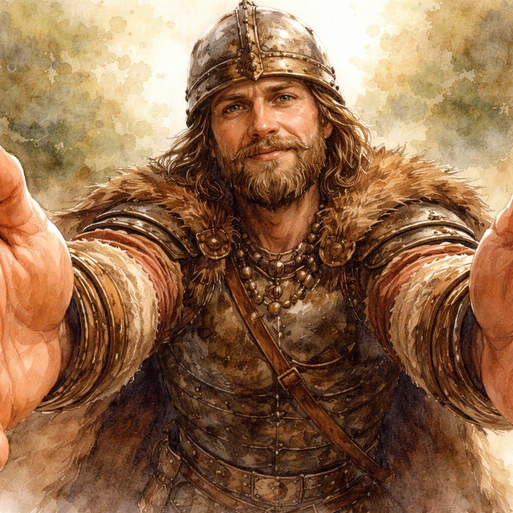 Bronze Age Warrior Hug in Watercolor