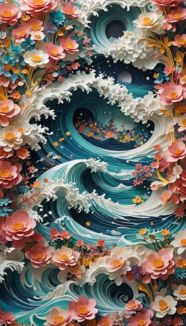 Floral Ocean Waves in 3D Digital Art