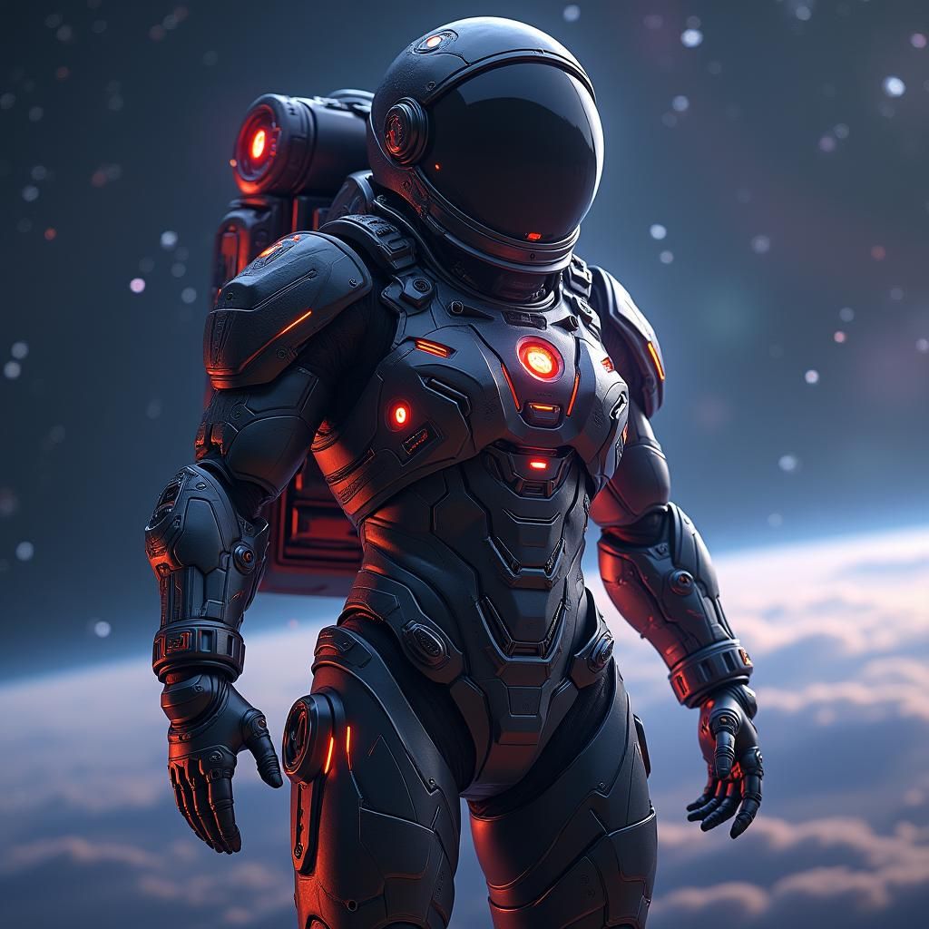 Astronaut in Exosuit Against Galaxy Backdrop