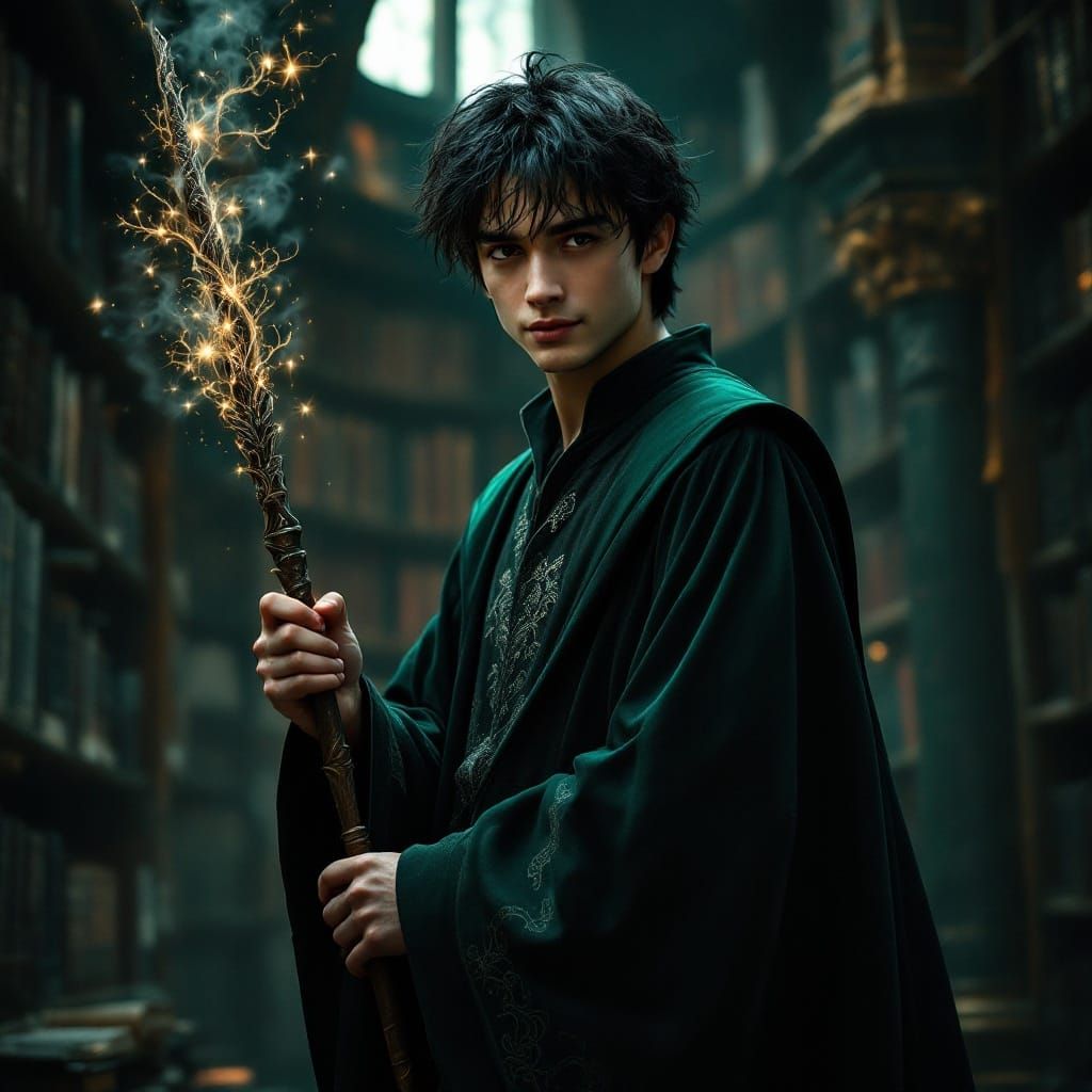 Enigmatic Slytherin Wizard Immersed in Magical Library
