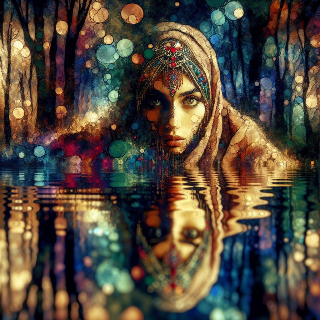 Exotic Woman Emerges from Pond in 3D Mixed Media