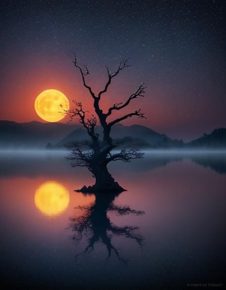 Surreal Strawberry Moon Over Tranquil Lake