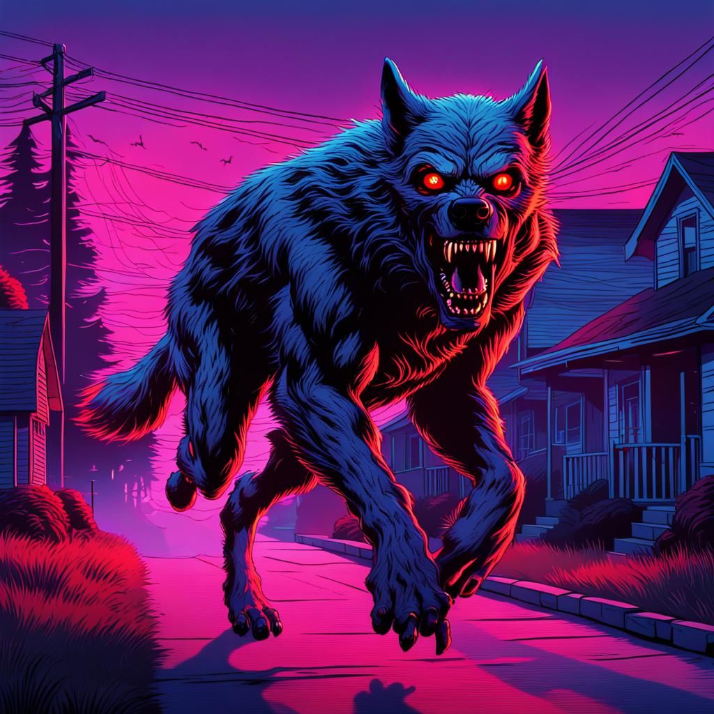 Werewolf Horror Scene in Dark Synthwave Style