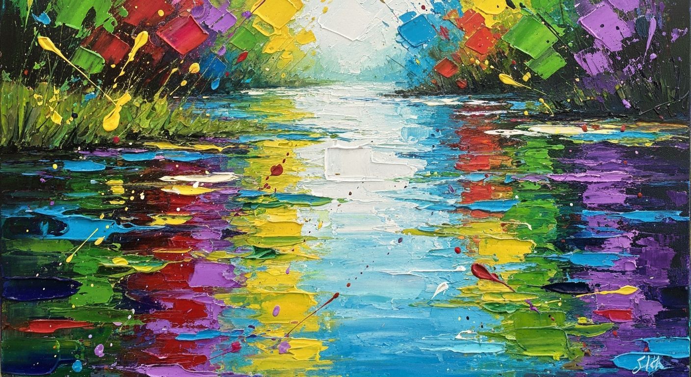 Vibrant Abstract River Painting with Jewel Tones