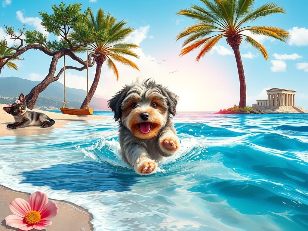Joyful Shaggy-Coated Puppy in Vibrant Splash Art Style